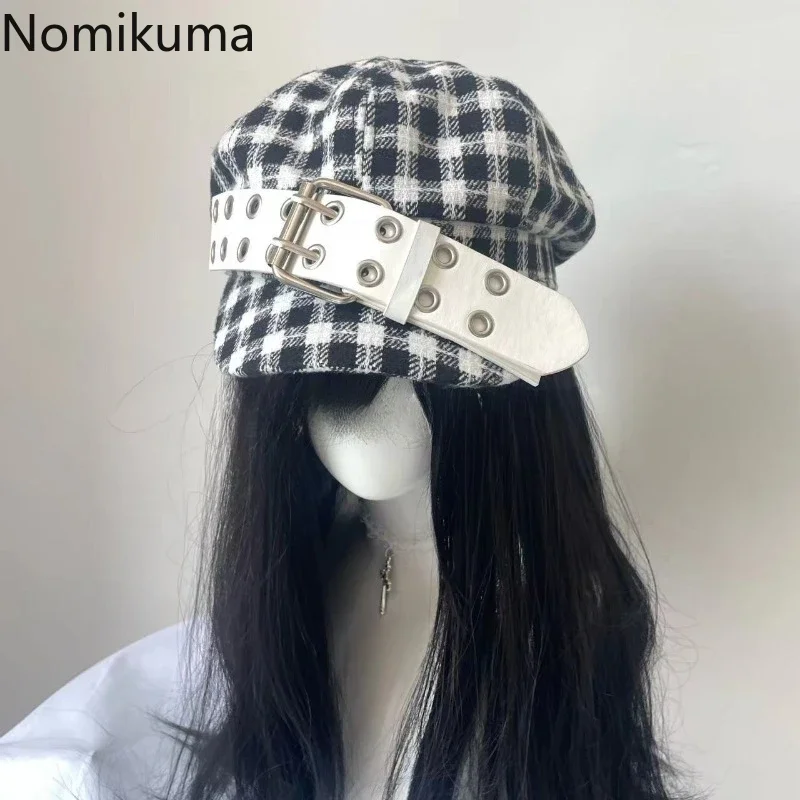 ヴィンテージ風y2kチェック柄ベルトバックル付き八角形帽子。女性向け、秋・冬のファッションキャップ。韓国風ミリタリーハット。