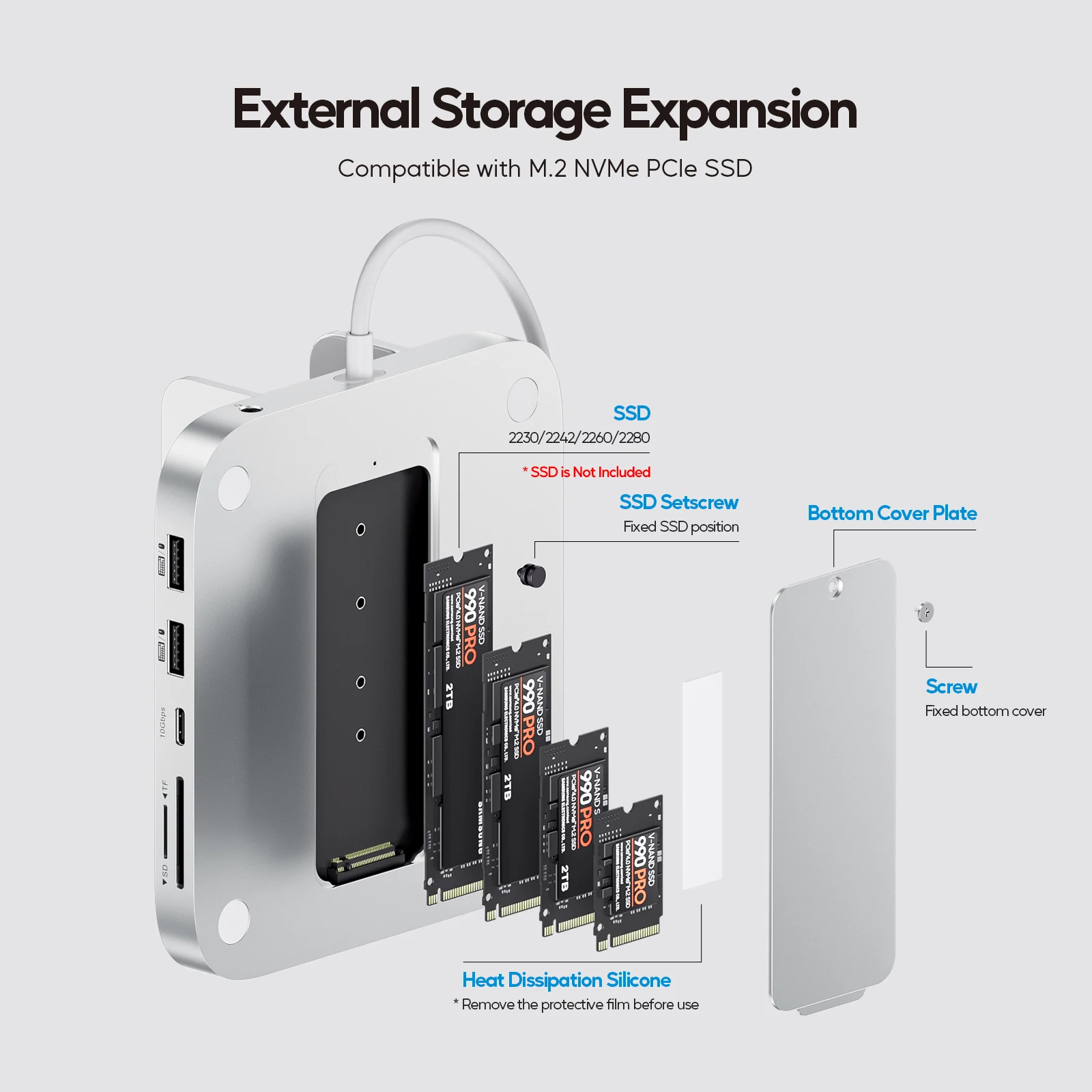 محور PULWTOP Vertical Mac Mini M4 مع حاوية M.2 SSD، USB A/C 3.2، ميكروفون صوتي، SD/TF، USB-C Hub لجهاز Mac Mini M4/M4 Pro