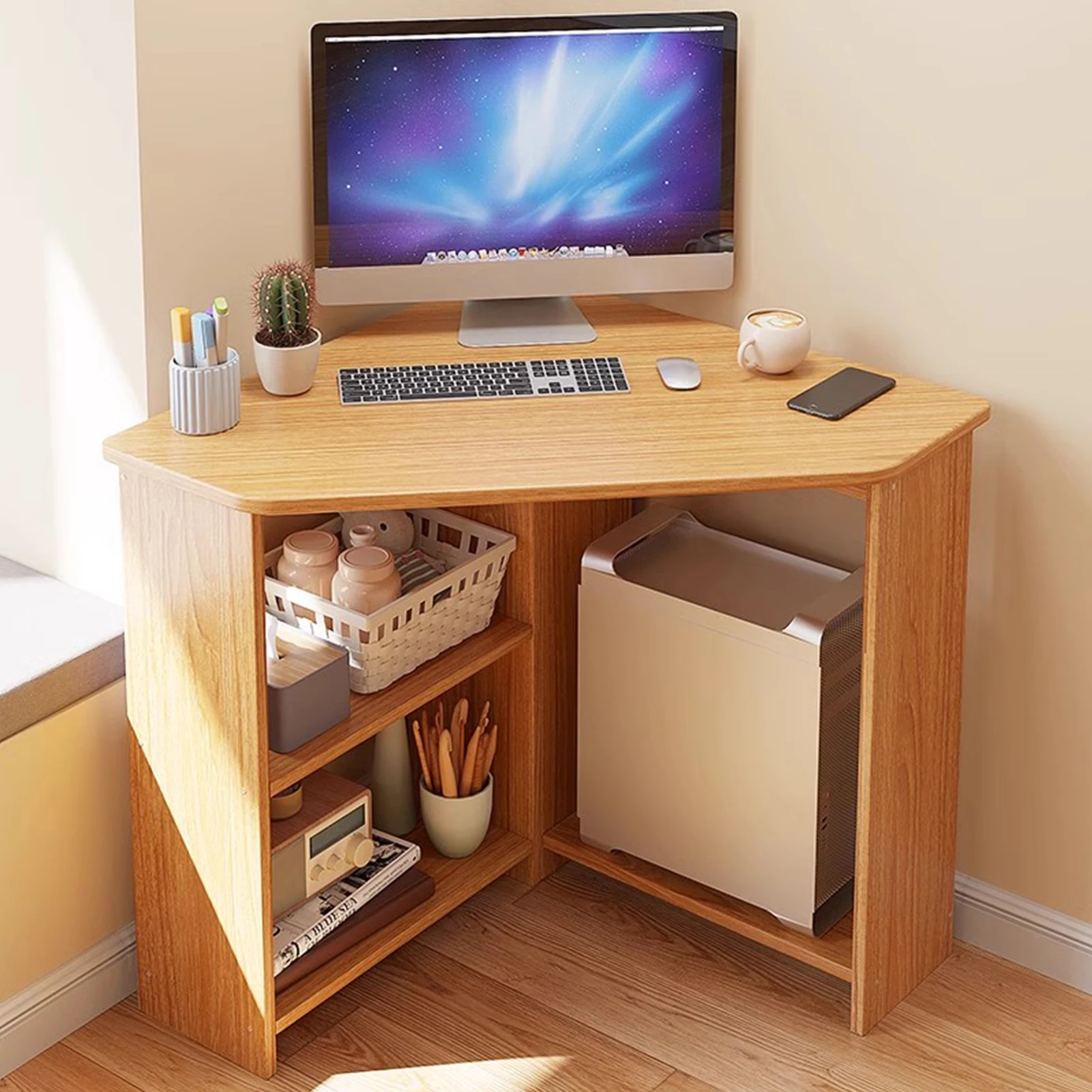 Modern Corner Desks - 90 Degrees Triangle for Computer, Small Space, Bedroom, Makeup Vanity Desk with Storage Shelves & CPU