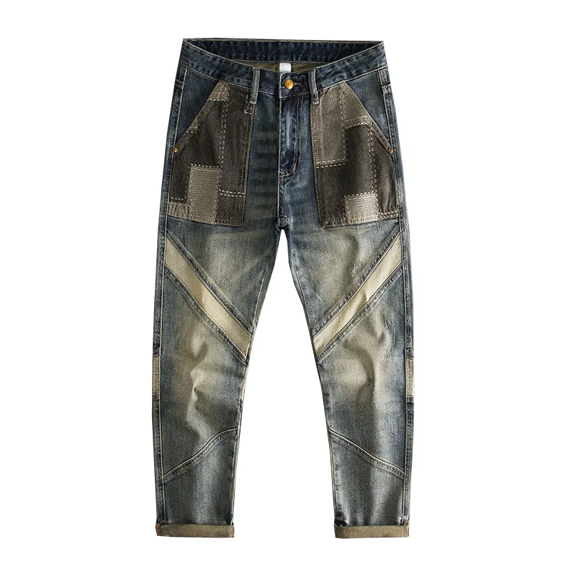 Retro jeans men's trendy brand street fashion splicing design slim fit small straight leg long pants