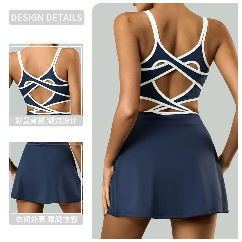 Sports One-piece Skirt Women's Chest Padded High Elastic Quick-drying Beautiful Back Cross Anti-light Tennis Skirt