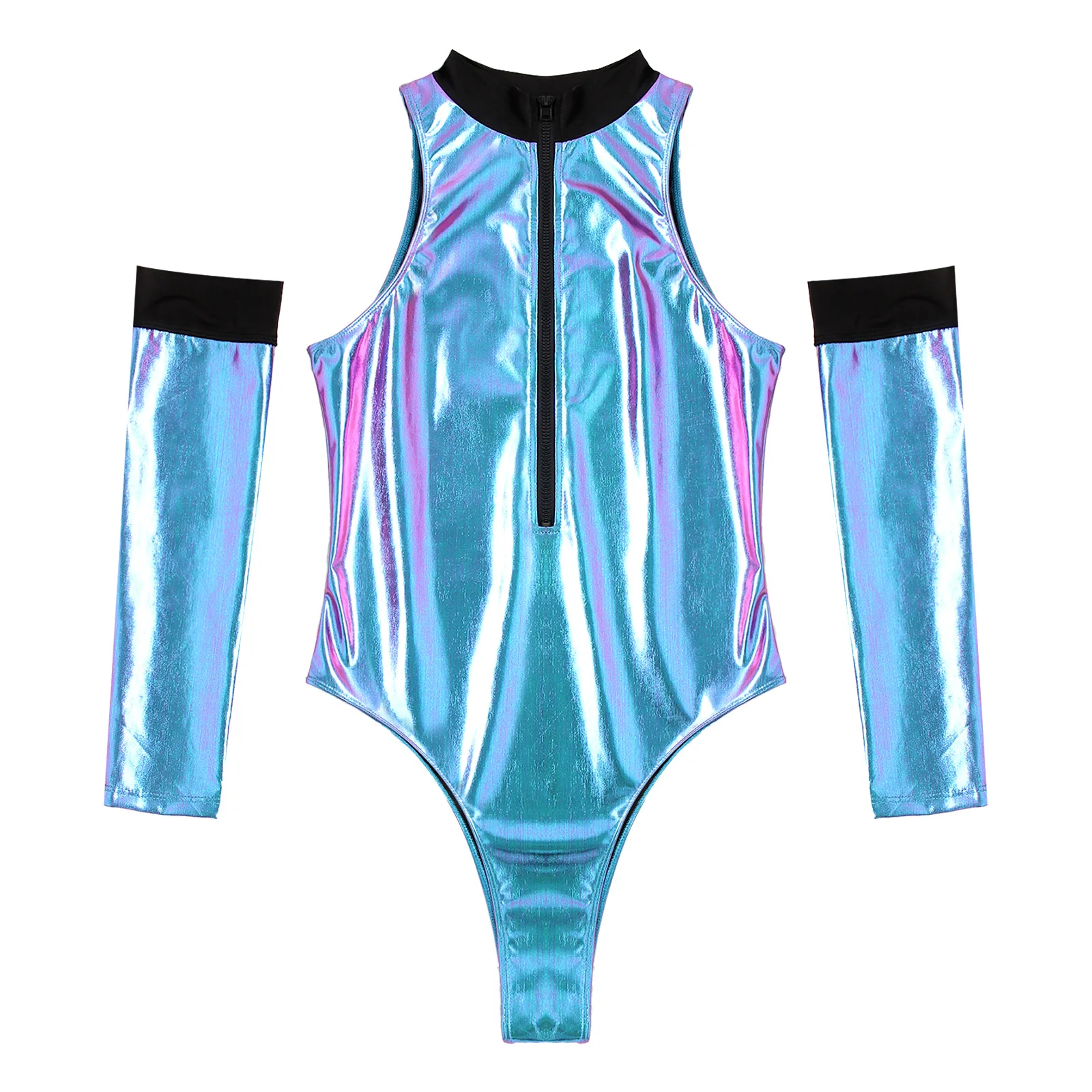 Womens Astronaut Cosplay Outfit Ballet Costume Shiny Patent Leather Bodysuit Zipper Mock Neck Catsuit Clubwear with Oversleeve