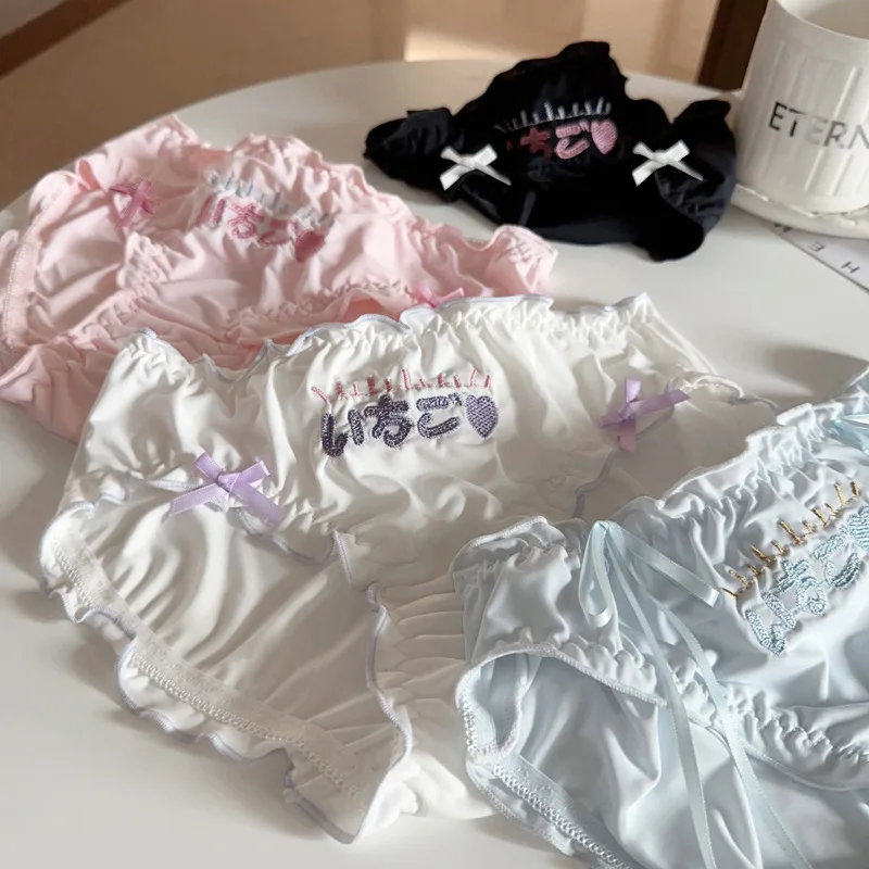 Embroidered Letters Ice Silk Cute Underwear Cute Girls Cotton Crotch Mid Waist Ruffle Women\'s Panties Student Briefs Lingerie