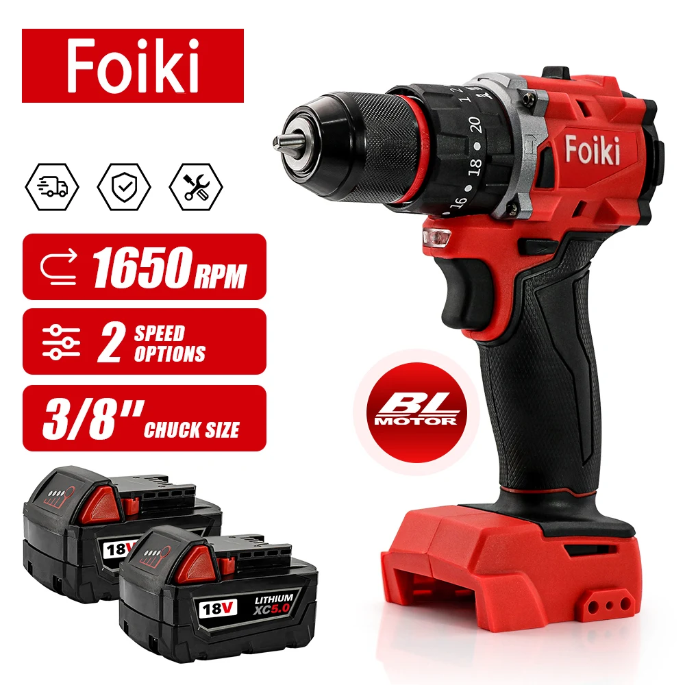 Taladro de impacto sin escobillas Foiki de 18 V, velocidad ajustable de alto par de 60 N · m para decoración profesional/montaje de muebles/proyectos de bricolaje