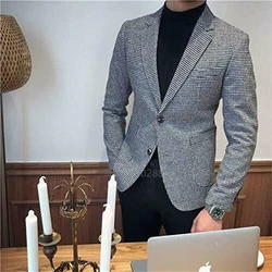 British Style Slim Fit Houndstooth Blazer For Men Fashion Single Breasted Business Office Wedding Dress Suit Jacket