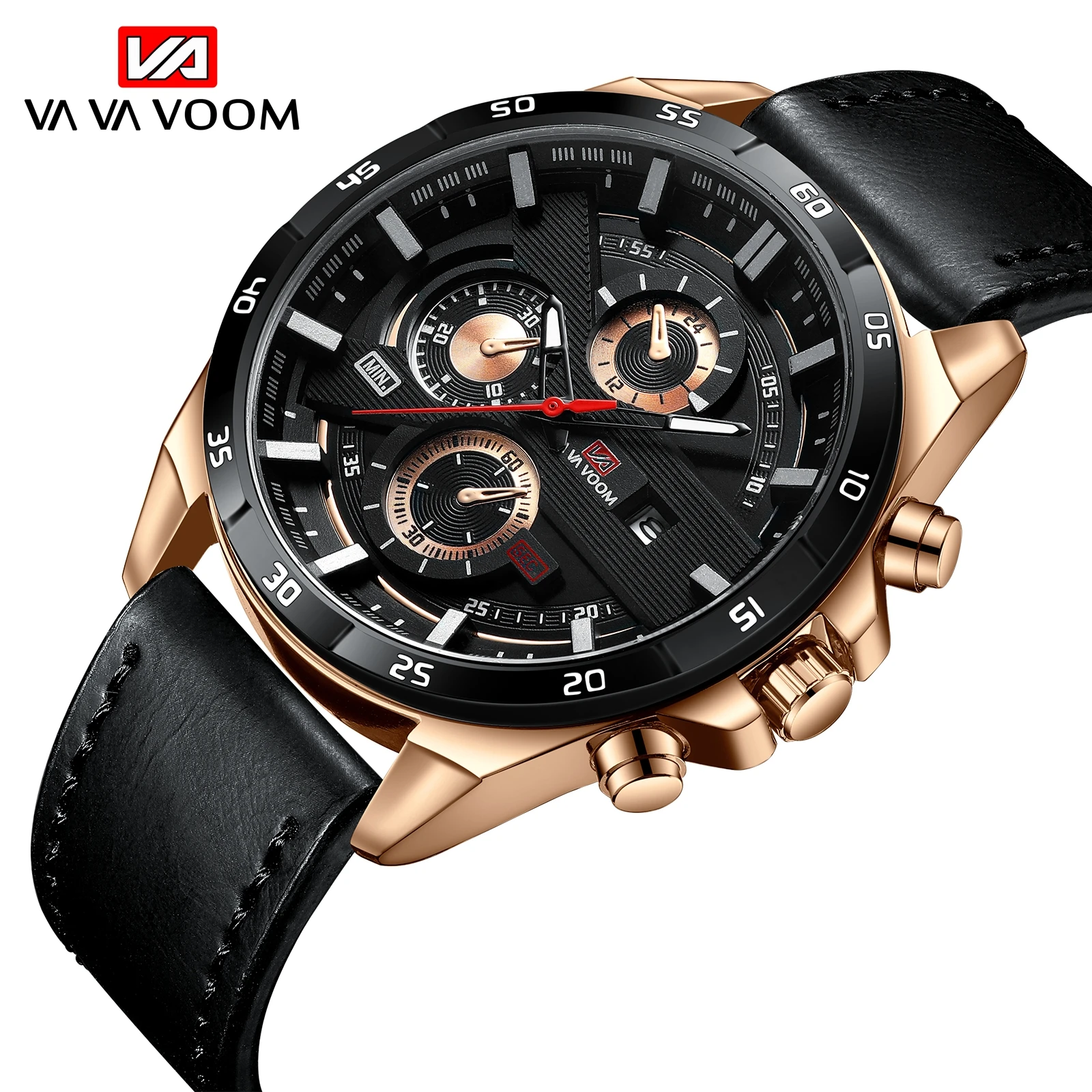 Montre de sport pour homme 46 mm, cuir noir, série Racing, usage quotidien, mode, cadran or rose original, montres à quartz, Relogio Masculin