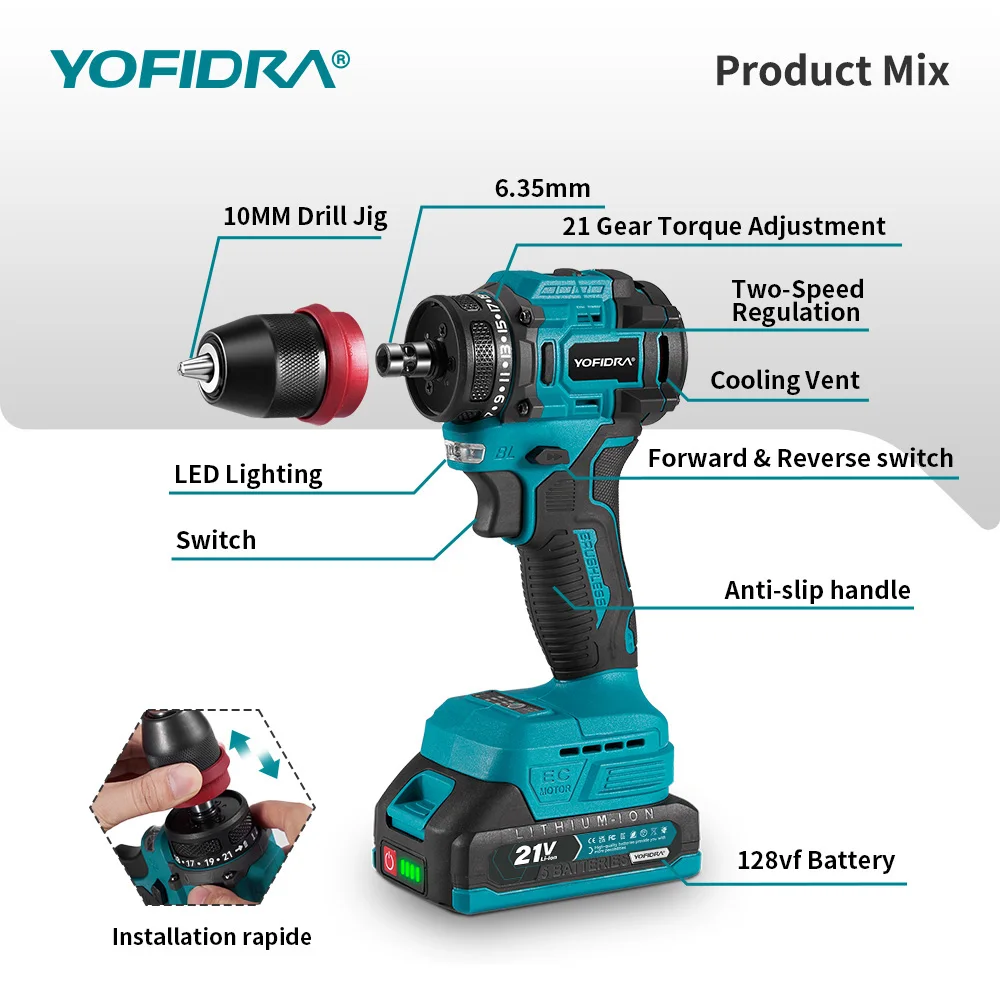 YOFIDRA 2-in-1 Bürstenloser Elektrischer Schraubendreher Hammer Kabelloser Bohrer Schlagbohrer Multifunktionales Elektrowerkzeug für Makita-Akku – Detail 6