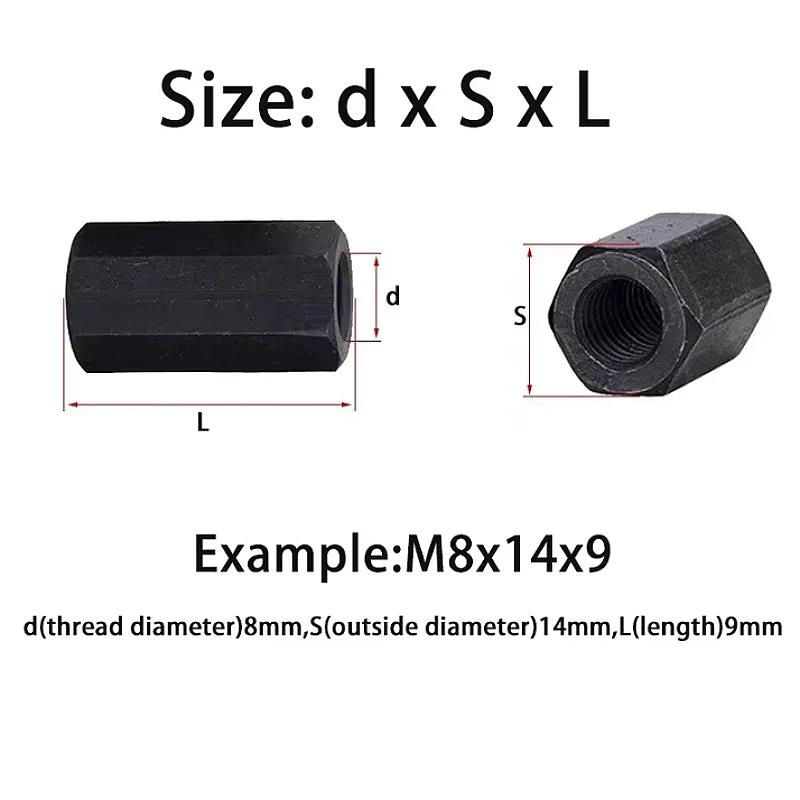 45# Steel m8 m10 m12 m14 m16 m18 m20~m48 Black Hex Standoff Spacer Long Rod Coupling Nut Bolt Sleeve Extension nuts