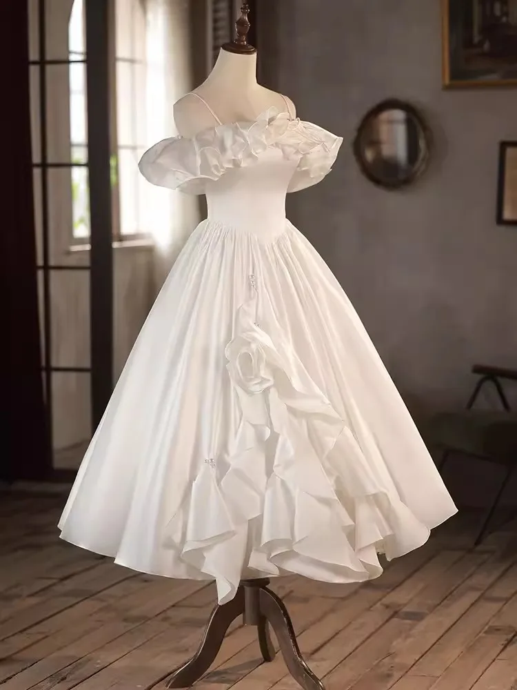 Customized Simple Women Wedding Party Dresses Ruffle Neck Puffy Tea Length Bride Bridal Gown Birthday Party Prom Formal Wear