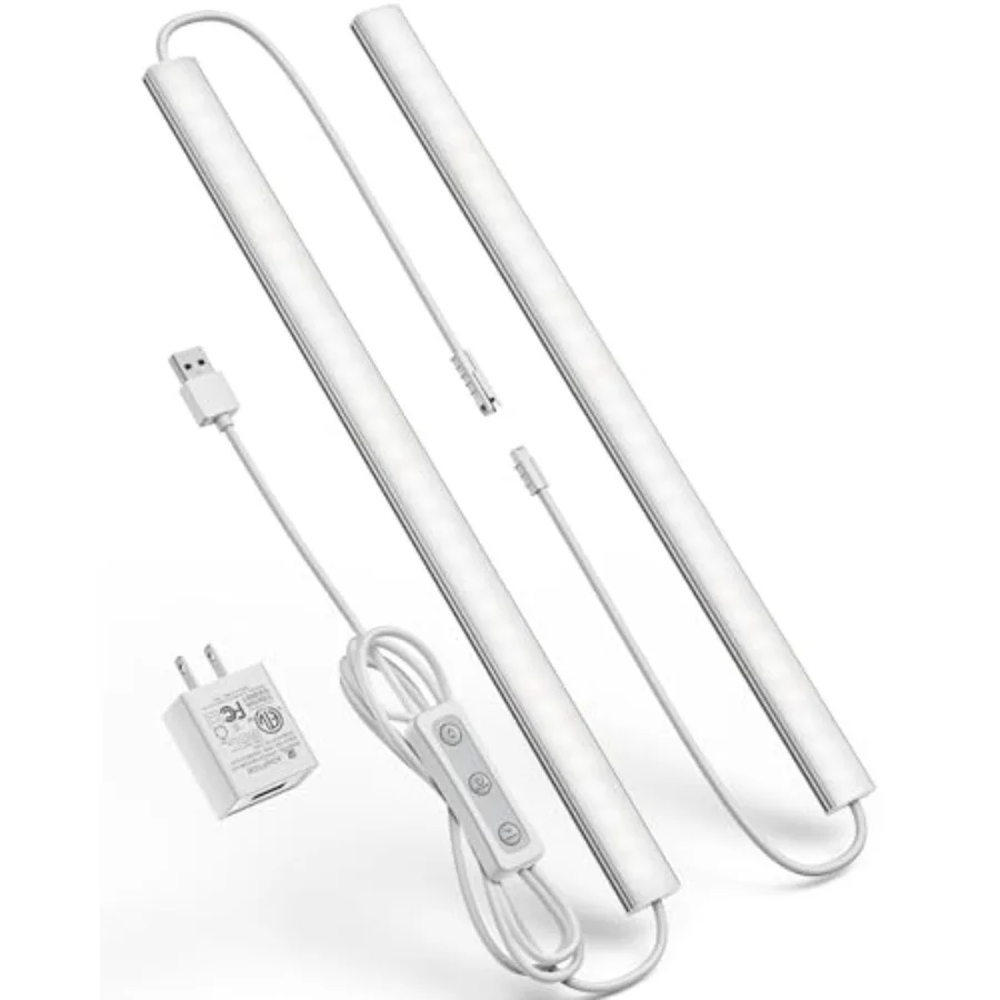 Plug-in Under Cabinet Lighting, Dimmable Counter Lights for Kitchen, 2pcs 12 Inch, Cold White 6000K Linkable USB Led Closet Lig