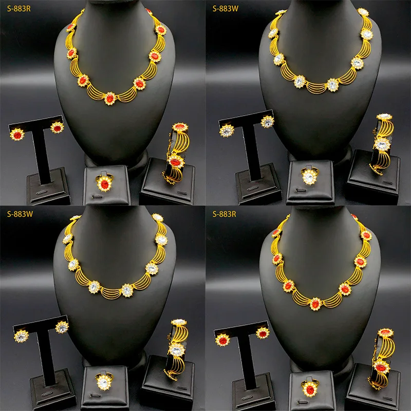 

Floral Diamond-Studded 4-Piece Set Wedding Women 24K Gold AU999 - Bridal set, soft floral diamonds, luxurious pure gold texture