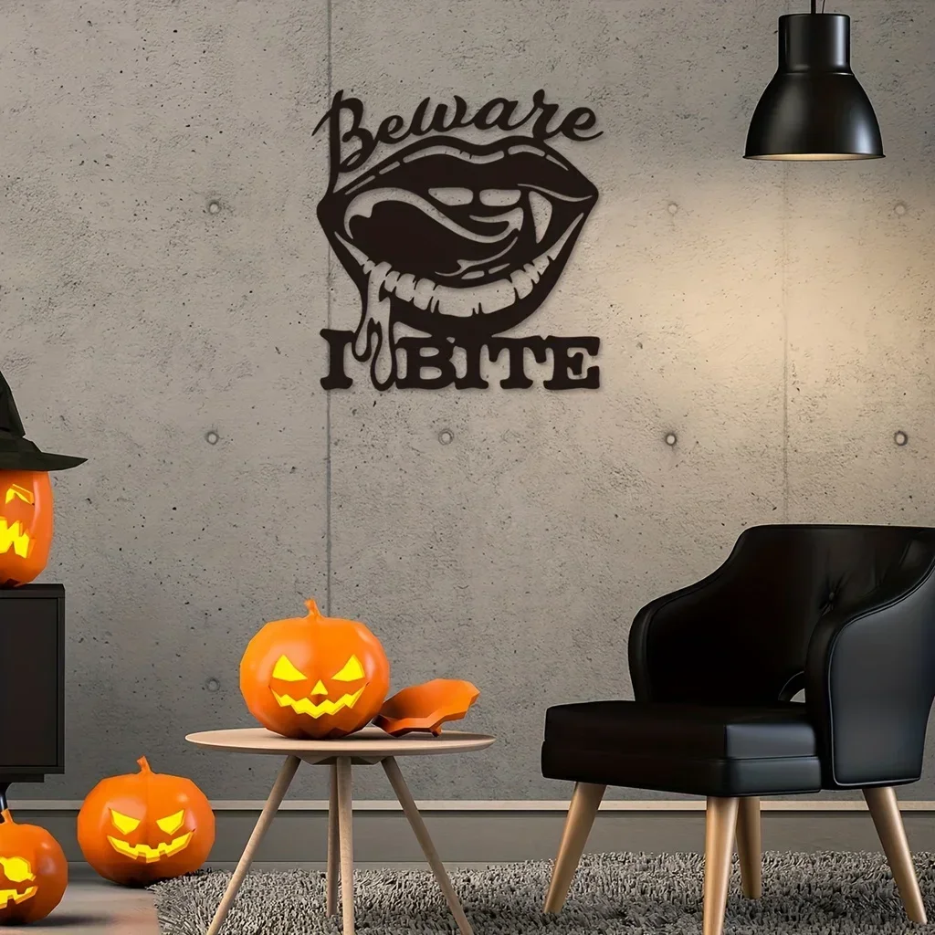 

1pc Iron Aet Halloween Beware Bite Place Sexy Biting Lips Home Decor - Vampire Metal Wall Art Decor Home Interior Bedroom Ideas