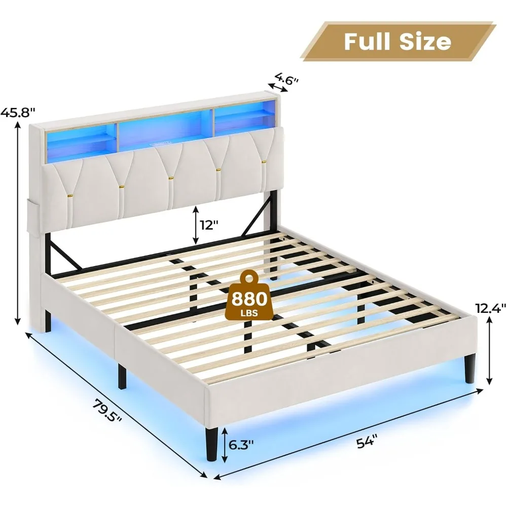 Bed Frame with Headboard Storage & LED Lights, Platform Beds with Charging Station, Velvet Upholstered Bed with Shelf Headboard