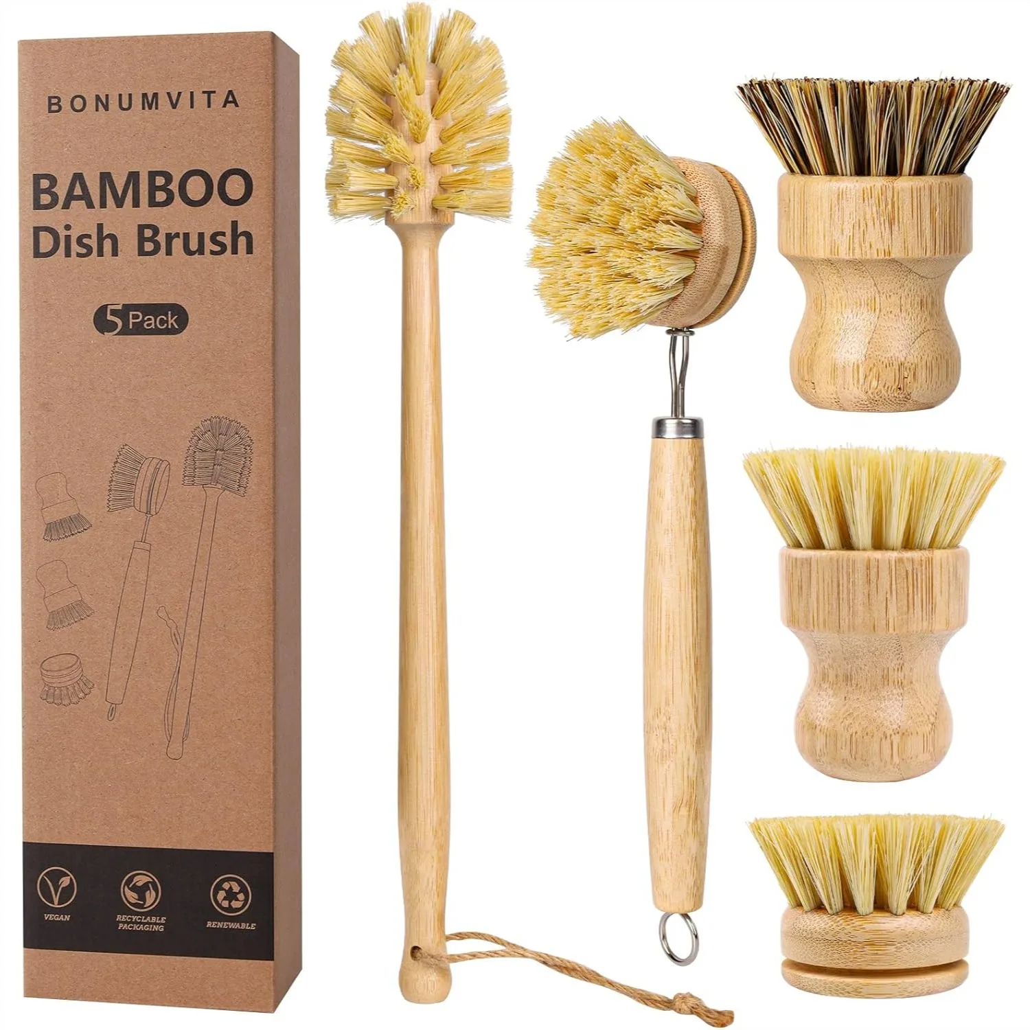 

5 Pack Bamboo Dish Brush Set with 14'' Bottle Brush, Natural Kitchen Scrub Brushes for Dishes Pots Pans Sinks Vegetables