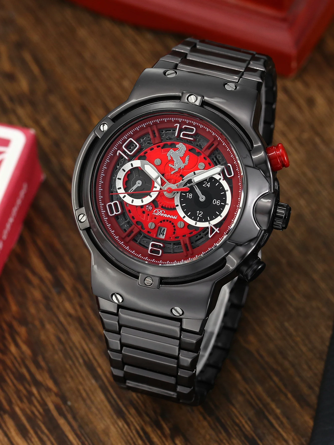 DENVOSI Hollow Quartz Watch with Color Block Dial and Steed Logo Multi-functional Men's Wristwatch