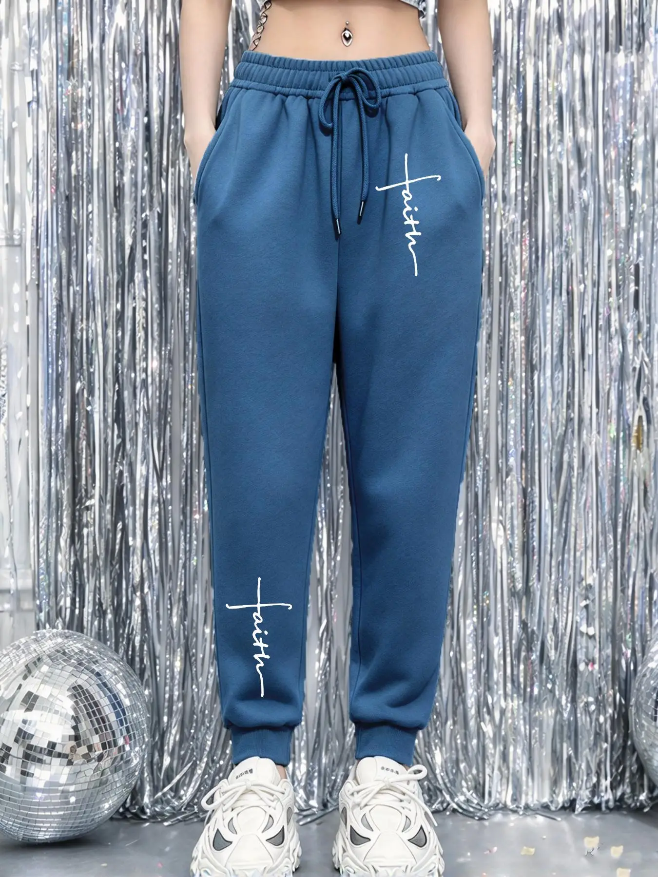 Artistic Letter Cross Pattern Women'S Jogging Pants Fleece Pocket Sweatpant Autumn Casual Streetwear Drawstring Unisex Trousers