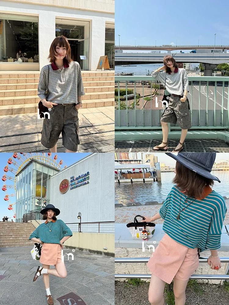 

EMH Color Blo Stripe oulder Drop Loose Fit ort Sve T-irt Paper Doll Creative Commute Sle Cotton Sweat Absor...