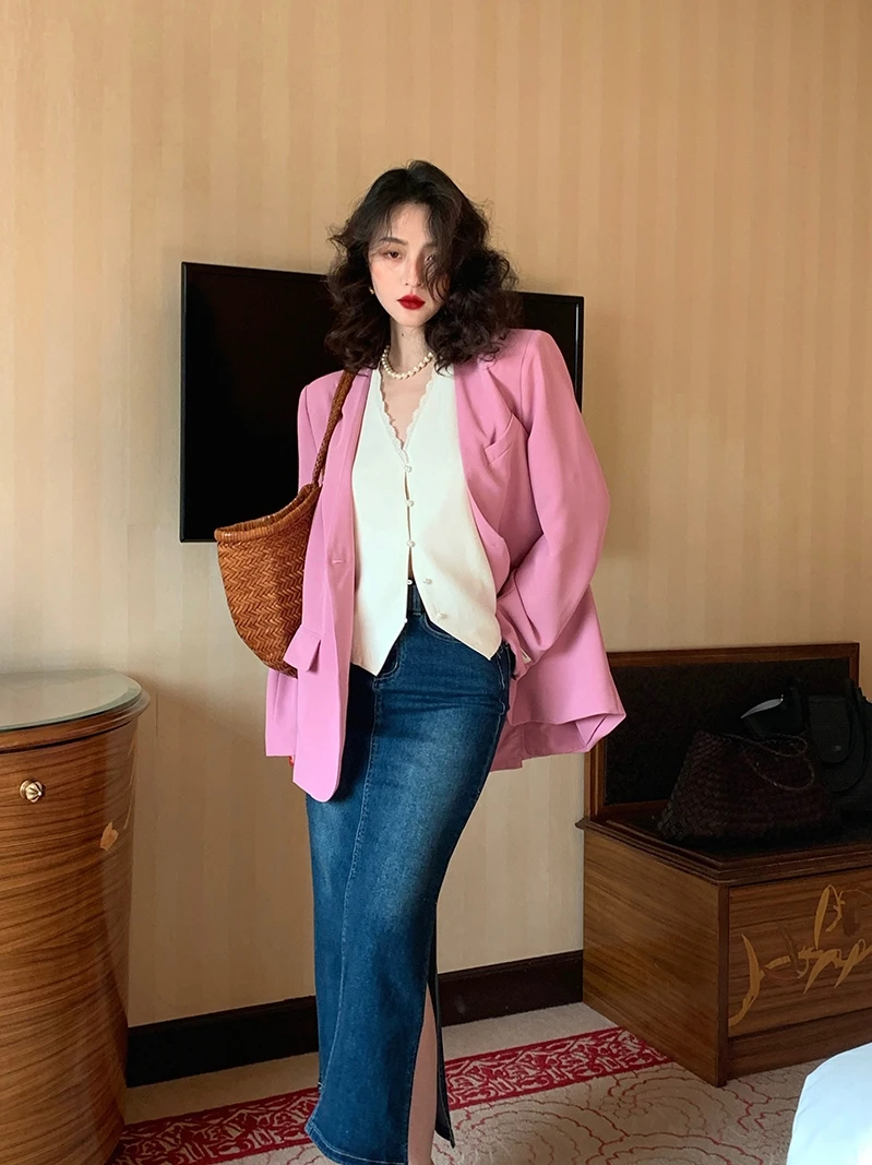 

Retro Spring Summer New Sle Women's Lace Trim Layered Sensation Small Suit Jaet Top Cotton Pure Color V-ne Long Sve