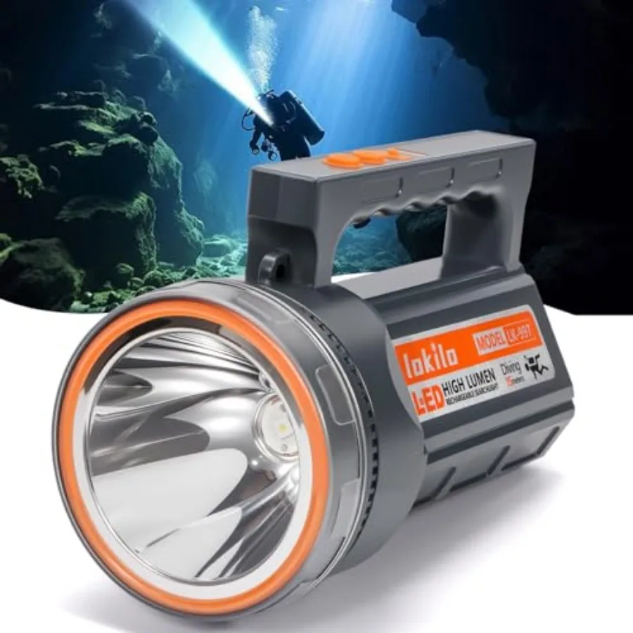 Rechargeable Diving Flashlight with Power Display, IP68 Waterproof and Submersible, Dual Switch 4 Modes Portable LED Searchligh