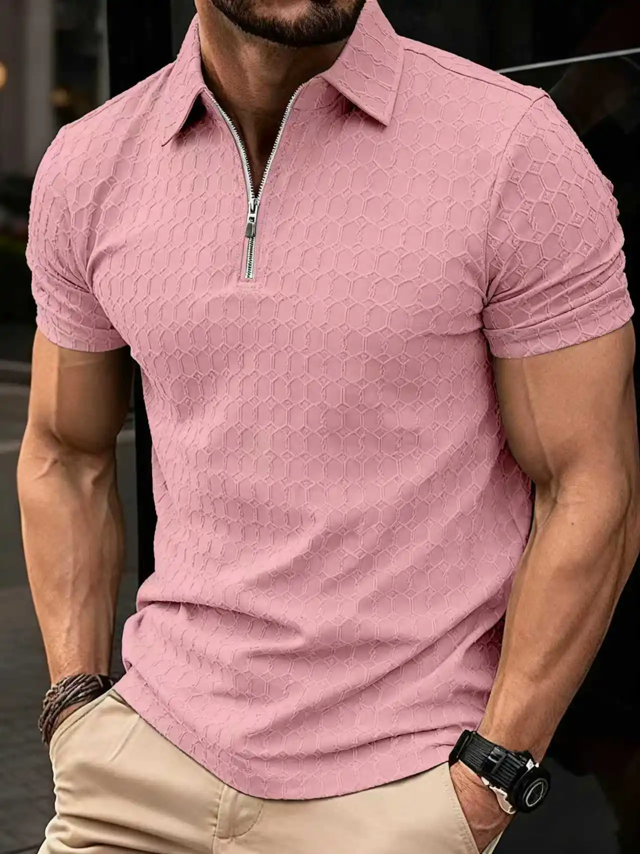 

Men's slim-fit geometric pattern Polo shirt - fashionable, half-open front, business casual collar golf shirt, suitable for dail