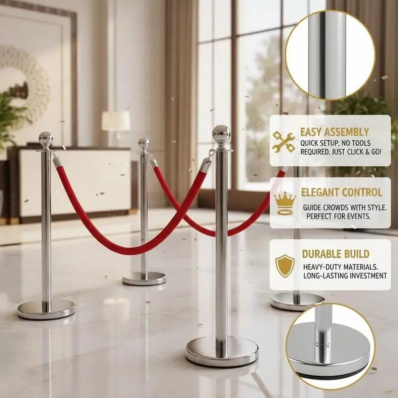 Picture 5: 4 Pcs Silver Separation Guide Posts with 2 Red Velvet Cords 1.5m, Queue Waiting Line Safety Individual Posts 96cm Height Queue Barrier for Crowd Control