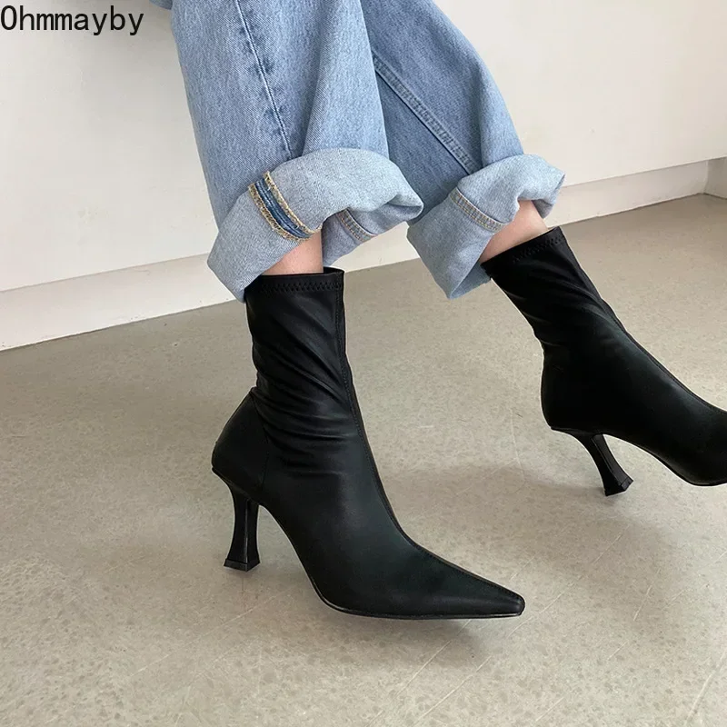 Black Women Ankle Boots Woman Thin High Heel Fashion Pointed Toe Zipper Winter Women\'s Shoes Leather White Short Booties