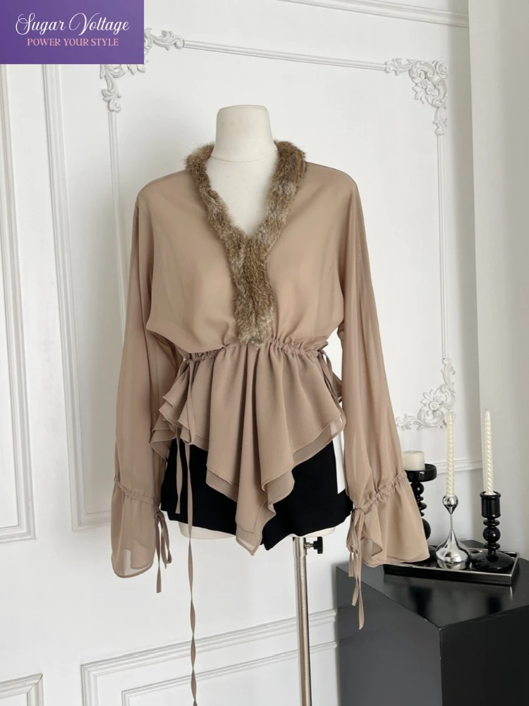 

French Elegant Faux Fur Trim Chiffon Blouse Women Autumn Vintage Slim Fit Flare Sleeve Lace-Up Casual Top Soft Brown Chic Shirt
