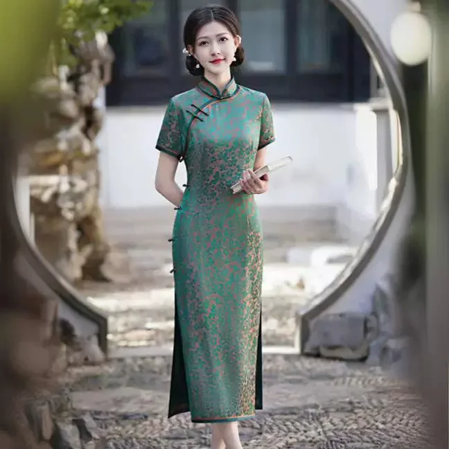 Quality Real Silk Cheongsam Qipao Dress Summer Women's Improved Dress -Fit Long Chinese Style Dress