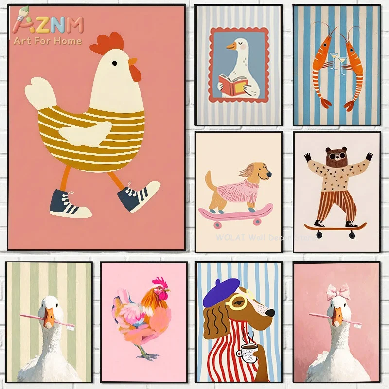 AZNM Cute Cartoon Animal Canvas Wall Art Chicken Duck Dog Bear Shrimp Skateboard Colorful Striped Folk Print Unframed Canvas Kid