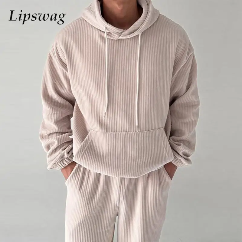 Casual Ribbed Corduroy Hoodies Mens Spring Long Sleeve Solid Color Fashion Hoodie Streetwear Fashion Lace-up Hooded Sweatshirts