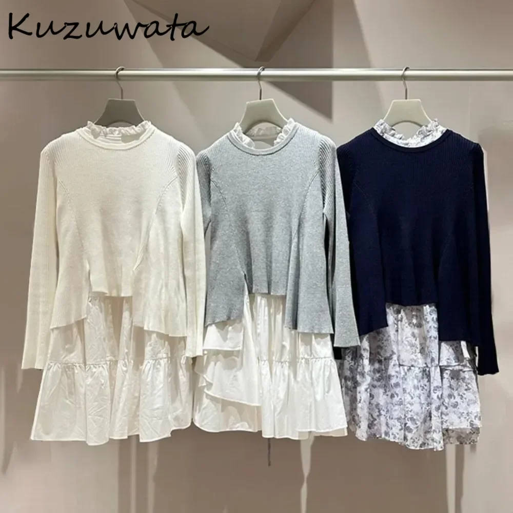 Kuzuwata Gentle O Neck Flare Sleeve High Waist Mujer Patchwork All-match Elegant Fresh Dress Japan New Irregular Cake Femme Robe