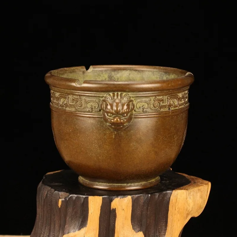Antique copperware purple copper lion ear incense burner, decorative piece aged brass treasure ashtray decoration