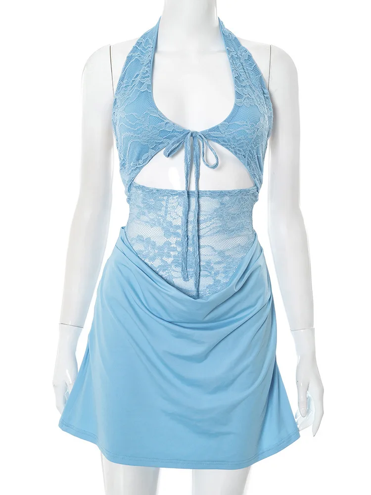 ヨーロッパ系アメリカ人女性用 無地 ノースリーブ オープンバック ホルターネック カットアウト レースパッチワーク ショートドレス