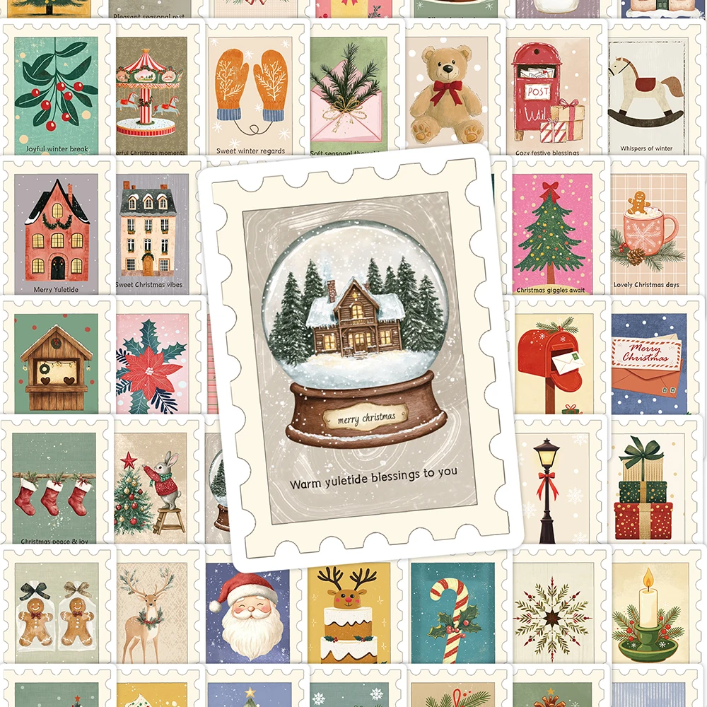 50Pcs Vintage Christmas Stamp Stickers Pack Retro Xmas Postage Style Waterproof Decals for Laptop Water Bottle Luggage Scrapbook