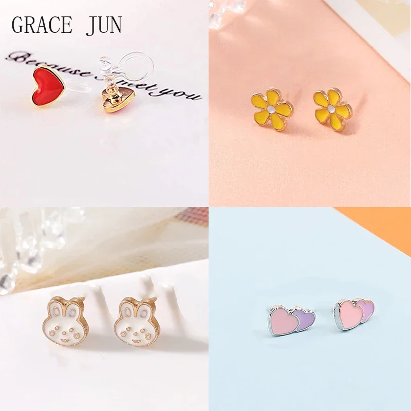 GRACE JUN Cute Transparent Invisible Clip on Earrings No Pierced for Girls Kids Comfortable Small Heart Flower Animal Ear Clip