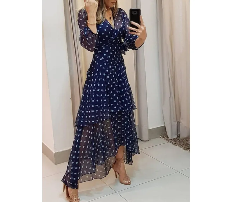 Women Spring Summer Polka Dot Irregular Printed V-Neck Long Dress Femininity Fashion Long Sleeves Elegant Lotus Leaves And Ankle