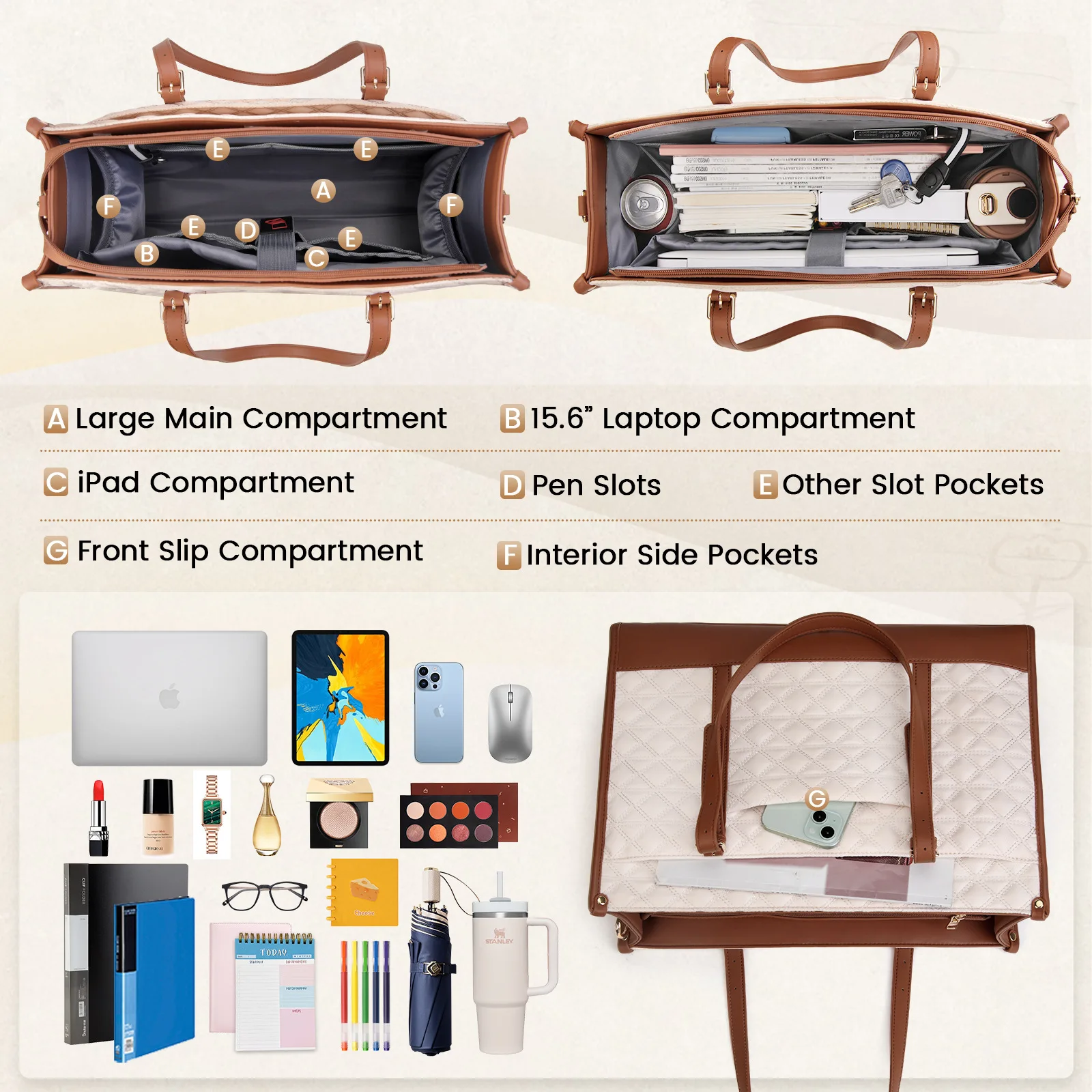 حقيبة كمبيوتر أوروبية عصرية ومتعددة الاستخدامات وراقية، حقيبة نسائية مقاس 15.6 بوصة، حقيبة سفر للأعمال طقم مكون من قطعتين