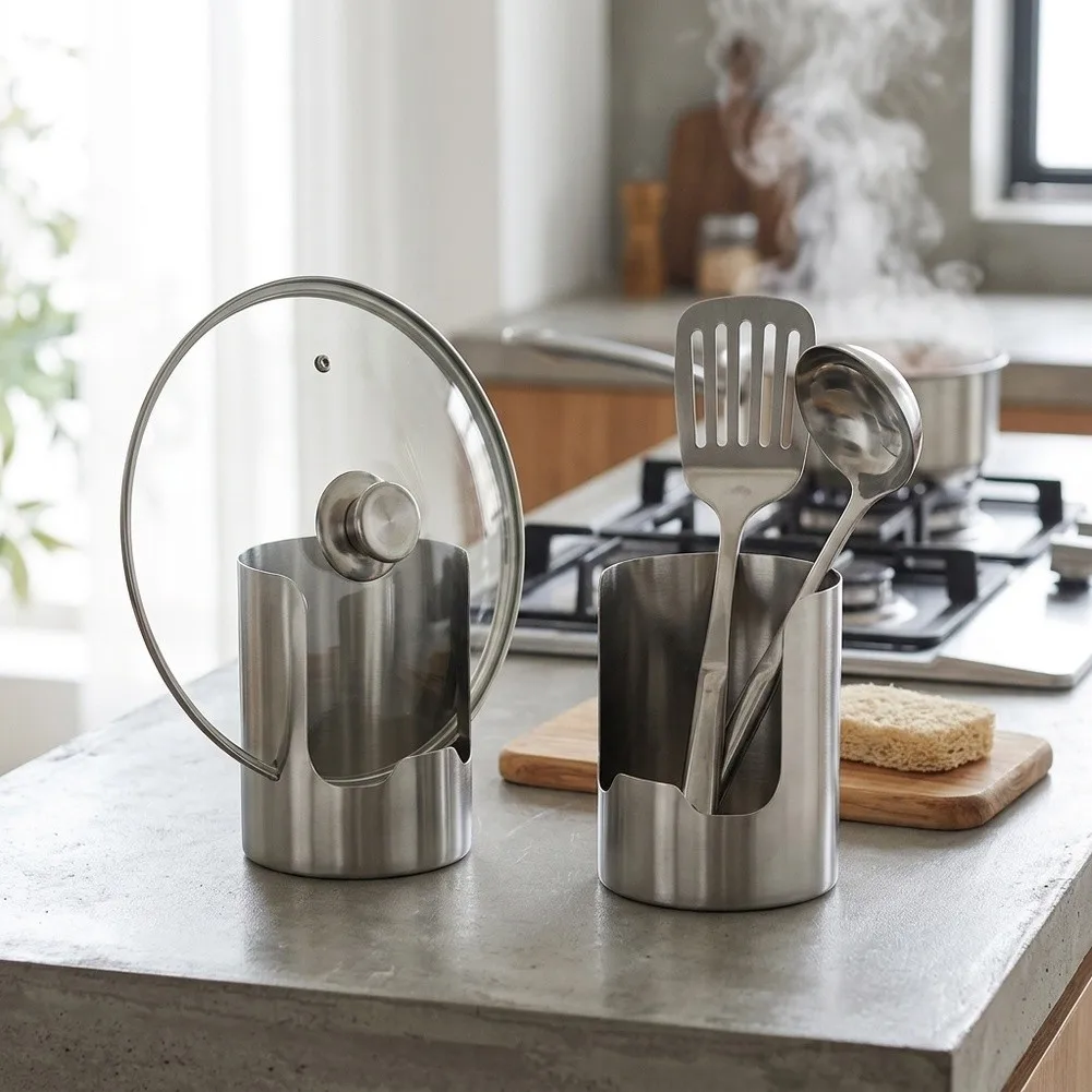 2pcs Stainless Steel Pot Lid Utensil Holder Multipurpose Kitchen Organizer Countertop Storage For Spoons Ladles Cutting Boards