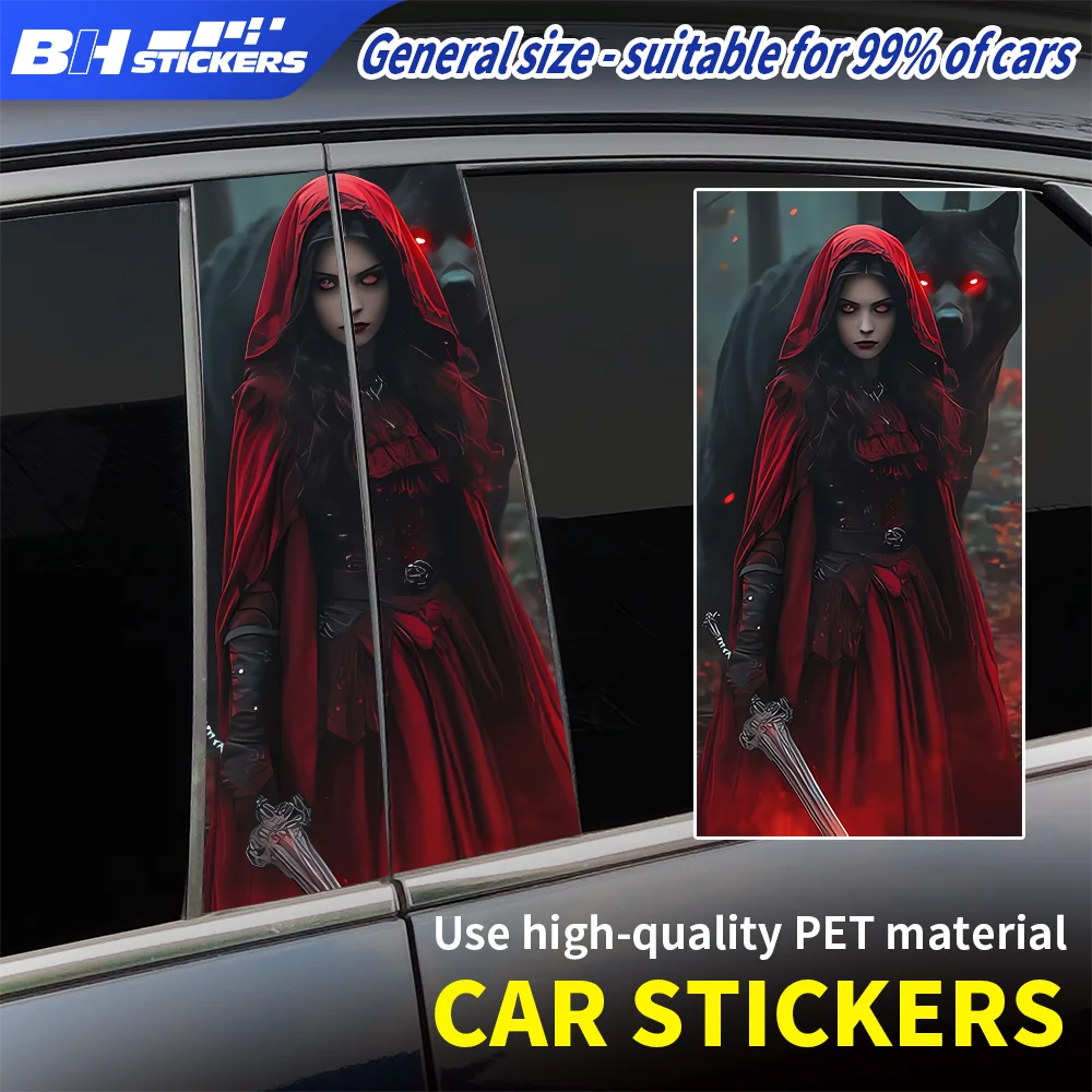 

Gothic Dark Red Riding Hood Car Pillar Stickers B Pillar Post Vinyl Decal Horror Wolf Car Decoration Vehicle Styling Accessories