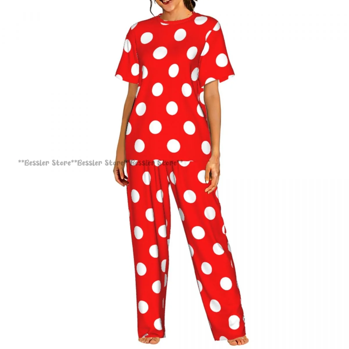 

Women Pajama Sets Lounge Sleepwear Red White Polka Dot Short Sleeve Nightwear
