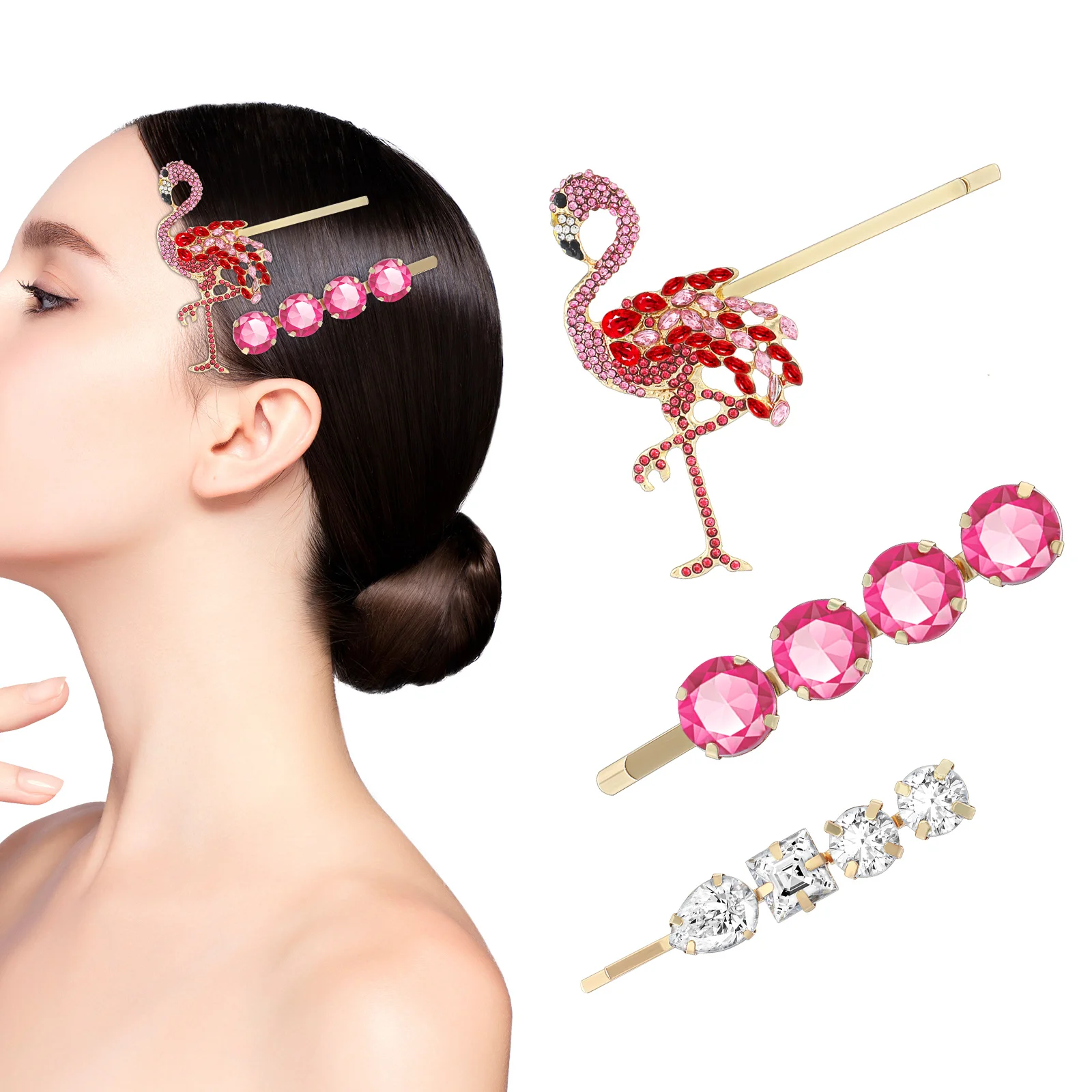 

3pcs Flamingo Clip Set Hair Pins Rhinestone Barrettes Clips Bobby Women Styling Hair Accessories Hairpin Elegant Daily Use
