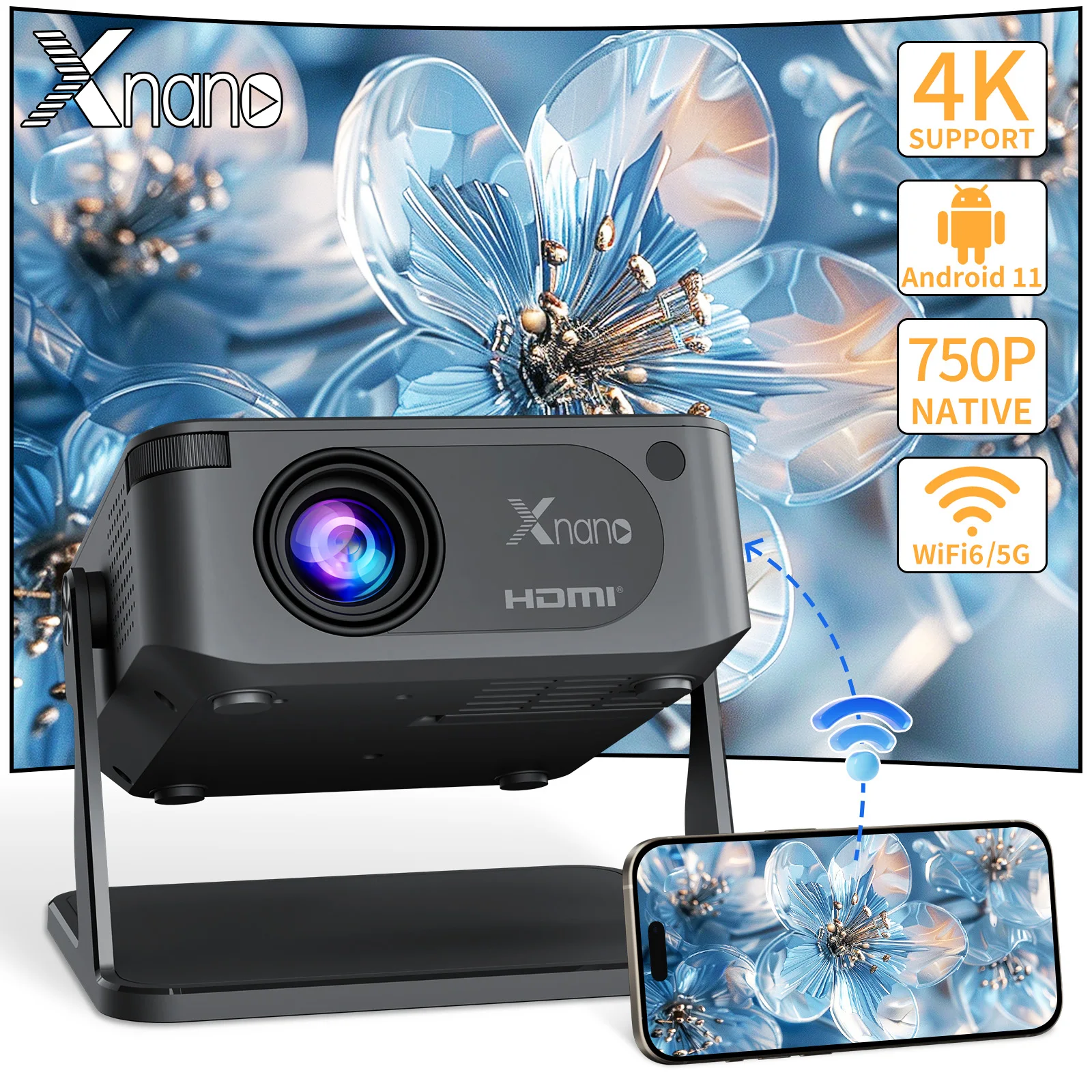 

Мини-умный проектор с поддержкой Native 720P, декодирование 4K, двойной Wi-Fi 6, беспроводной 5, портативный кинопроектор для домашнего кинотеатра