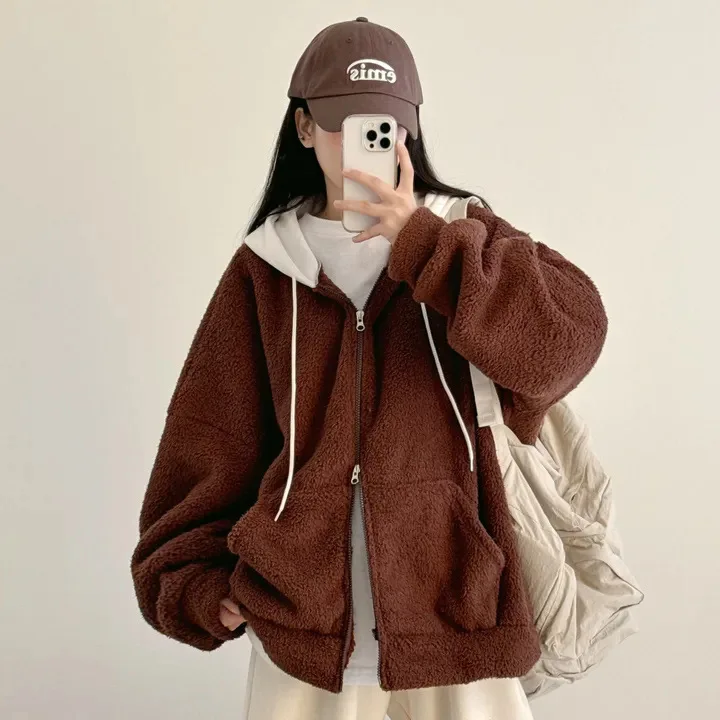 

2025 Autumn/Winter New Women's Hooded Cardigan Cotton Jacket Splicing Loose Cotton Jacket
