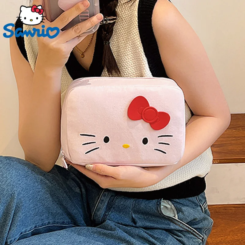 Sanrio Hello Kitty Kuromi Melody Cute Embroided Pattern Cosmetic Bags Large Capacity Cartoon Canvas Women Makeup Bag Stroage Bag