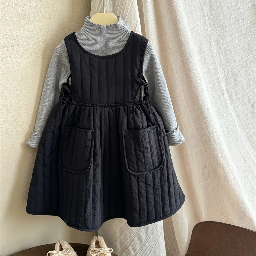 2025 Girls' Sleeveless Quilted Cotton Strap Solid Color Clip Cotton Skirt Winter New Korean Style