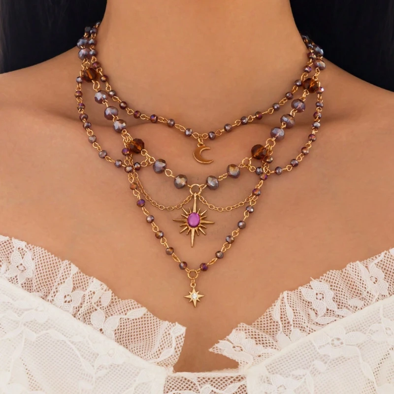 قلادة على شكل قمر من الخرز بسلسلة عتيقة وعصرية مع طبقات متعددة من القلادة، إكسسوارات حفلات الأعياد المخصصة للسيدات Y2k