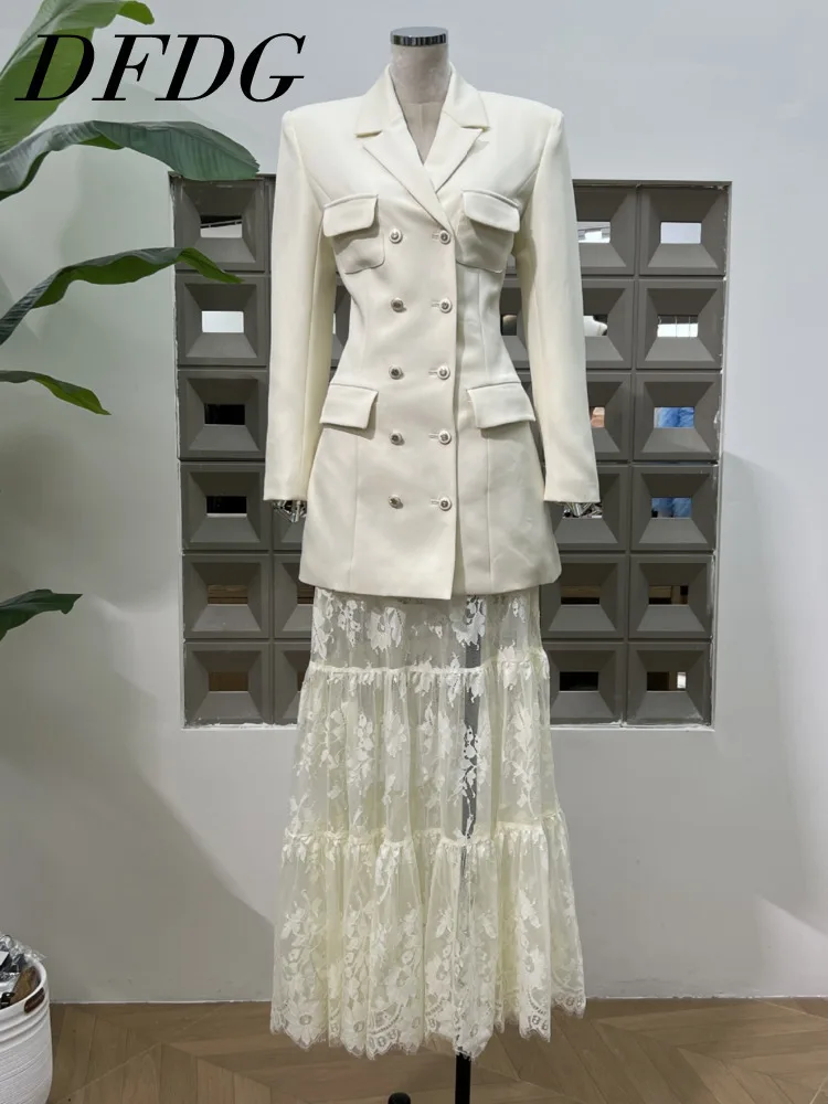

DFDG женский дизайнерский минималистичный двубортный пиджак с затянутой талией 2025 года, комплект с кружевной юбкой и вышивкой, весенне-летний офисный комплект