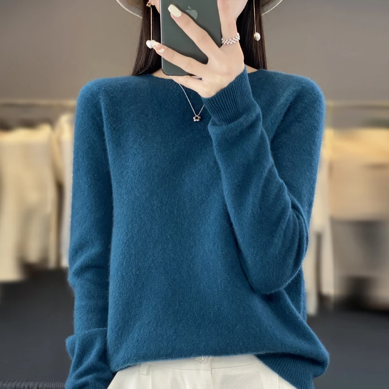 Women\'s autumn and winter new 100% merino wool solid color sweater pullover solid color O-neck long sleeve warm sweater top