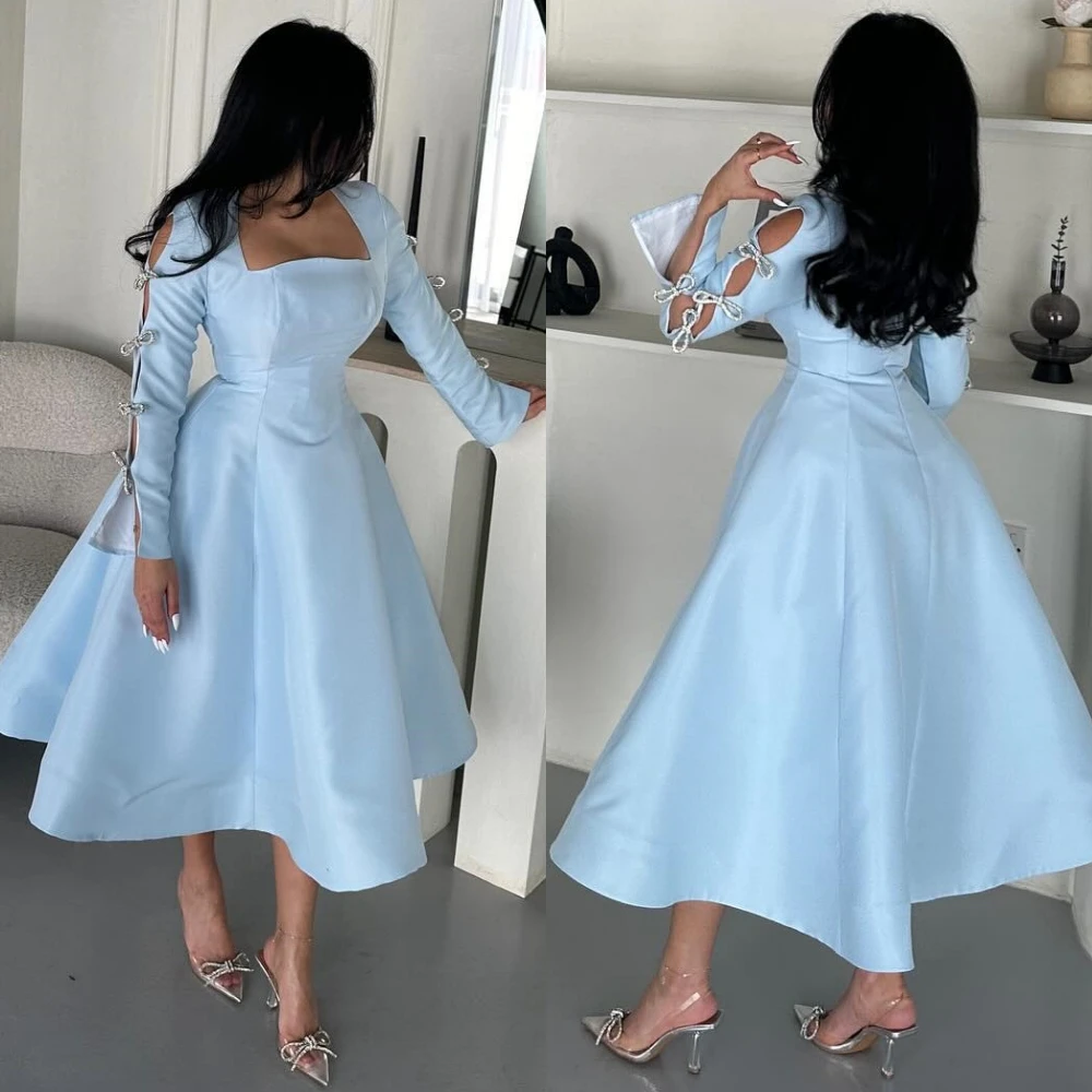     Charmeuse Bow Cocktail Party A-line Square Neck Bespoke Occasion Gown Midi es  Dresses 