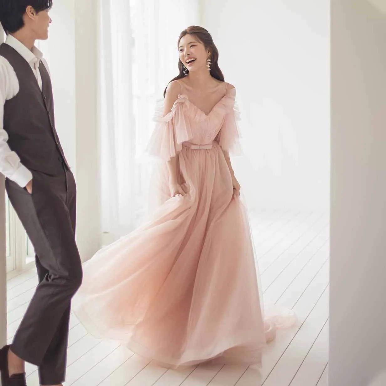 GIOIO V-Neck Korea Garden Evening Dresses Ruffled Short Sleeves Formal 프롬드레스  Floor Length Elegant Prom Growns Party Women Bride